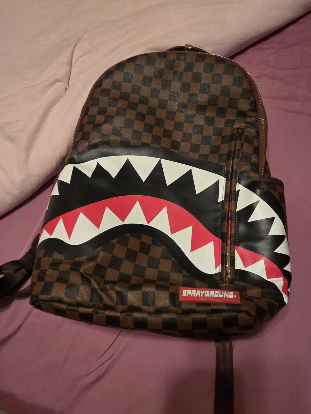 Sprayground Brown Checkerboard Shark Mouth Backpack